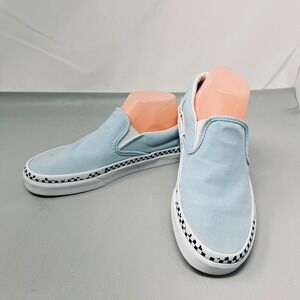 Vans Unisex M 7 W 8.5 Slip On Shoes Blue Canvas Checkerboard Skate Retro Classic